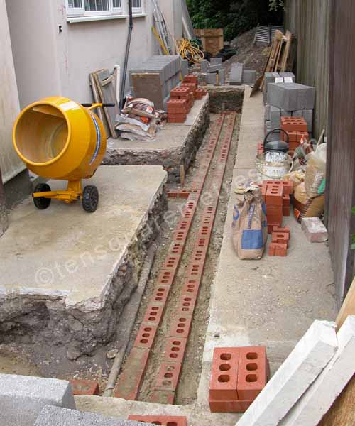 bricks in foundation trench